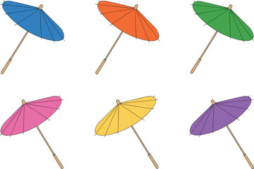 Detailed colorful flat vector illustration collection of various paper cocktail umbrellas featuring blue orange green pink yellow and purple parasol designs. © Hadiul