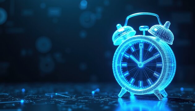 Neon blue wireframe alarm clock glows on dark digital background. Futuristic time concept with glowing circuit board elements. Represents deadline schedule and tech.