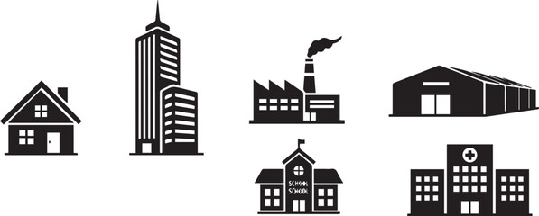Obraz premium Buildings represent various architectural structures including houses, skyscrapers, industrial factories, warehouses, schools, and hospitals.