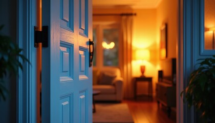 Obraz premium Open door reveals inviting warm interior. Soft lamp light illuminates living room space. Cozy home ambience, inviting atmosphere, comfortable housing. Peaceful apartment scene. Evening light.