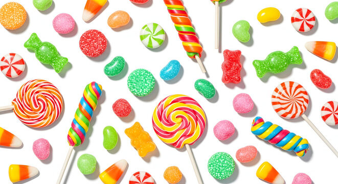 Colorful Candy Pattern Background with Lollipops Gummy Bears and Sweets Top View