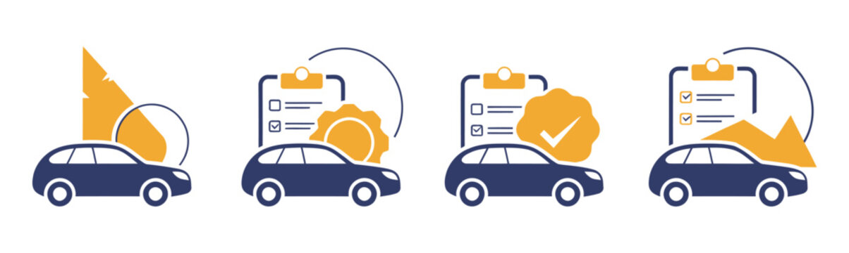 Auto service checklist icon collection, car maintenance list symbols in flat vector style, repair and inspection task icons, simple modern illustration for automotive platforms and digital interfaces.