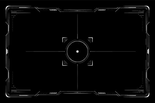 Futuristic Video Camera Viewfinder Overlay with HUD Elements, Sci-Fi Target Interface, Digital Crosshair, and Technical Frame for 4K Video Transmission, High-Tech Screen Display Vector Template.