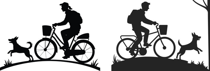 Naklejka premium Silhouettes of cyclists with dogs outdoors featuring bicycles, backpacks, baskets, and nature elements for lifestyle design