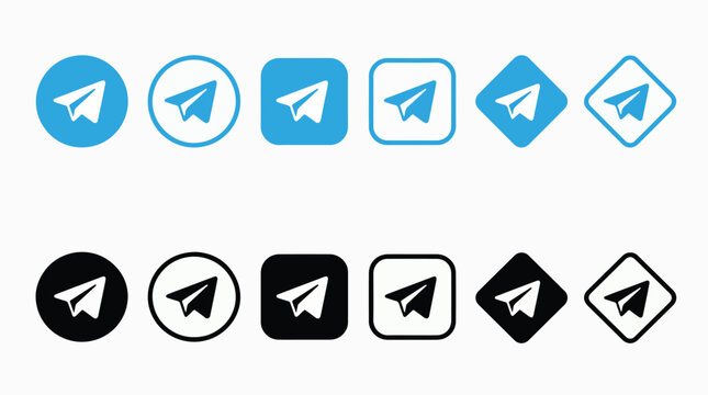 Telegram messenger logo icon set, blue and black vector symbols for social media communication. Collection of paper plane app buttons in circle, rounded square, and diamond shape designs.