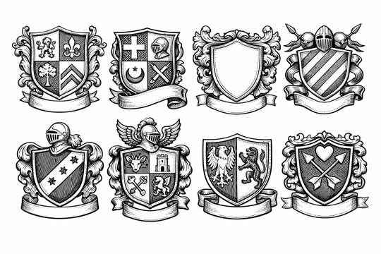 Set of Heraldic Shields for Coat of Arms Design. Hand Drawn Engraving in Old Traditional Medieval Style with Knight Helmets, Lions, Eagles, Fleur-de-lis, and Ribbons. Vintage Vector Illustration