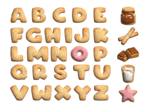 3D Realistic Cookie Alphabet Set with Baked Biscuit Letters and Sweet Snack Icons png