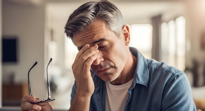 Man holding glasses suffering from headaches or eye strain