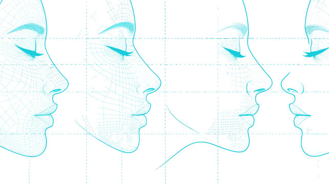 Series of side-profile facial illustrations depicting a face, overlaid with a grid-like structure