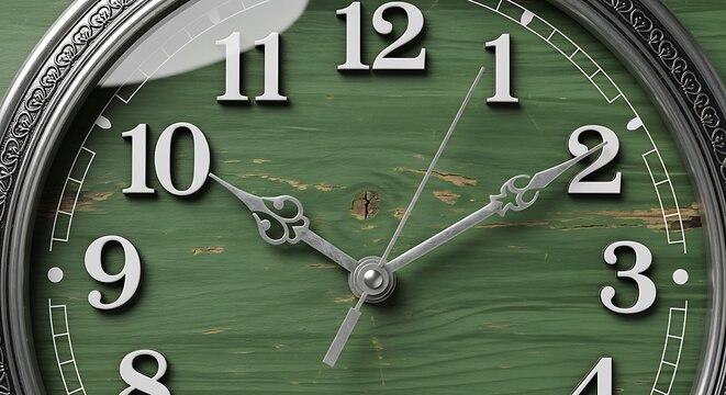 Close-up of old clock face showing 1 o'clock