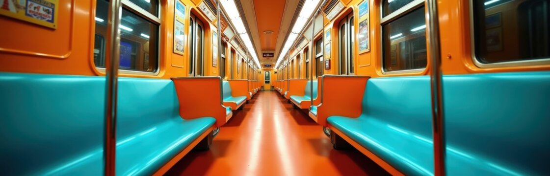 Empty subway train interior with bright orange walls and teal seats. Geometric art deco patterns adorn the carriage. A sleek and vibrant retro travel aesthetic.