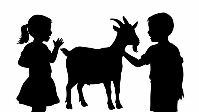 Two joyful kids interacting with a friendly goat silhouette on white background