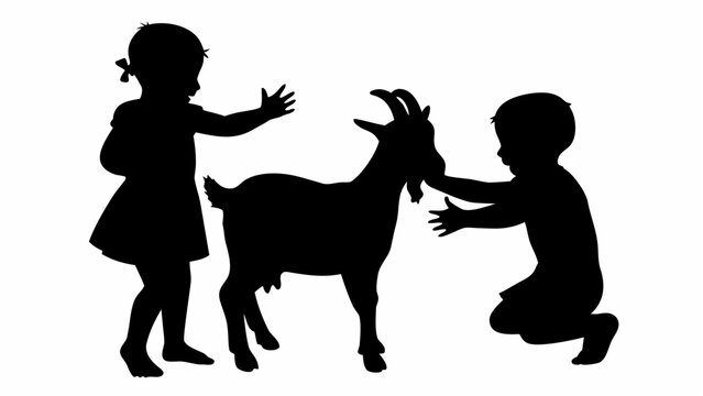 Silhouette of joyful kids playing with a friendly goat on a white background happy childhood moment