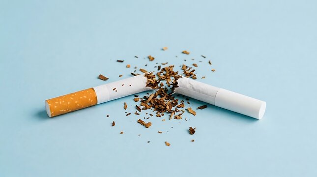 Broken cigarette with spilled tobacco on blue background representing quitting smoking and healthy lifestyle choices in studio photography format