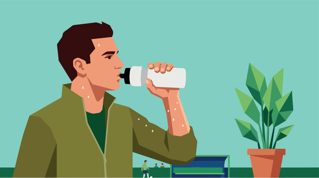 Athletic man drinking water from bottle after intense exercise session in outdoor park environment