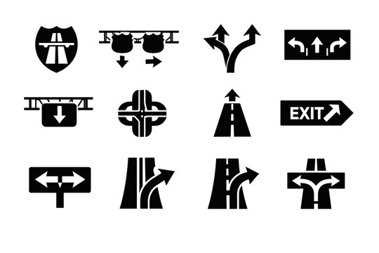 Set of black road sign icons indicating highway routes and directions. Simple flat vector illustration of traffic signs, freeway exits, interchanges, and lane guidance for travel and navigation.