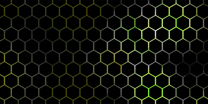 Dark technology hexagonal vector abstract background. Green bright energy flashes under hexagon in dark technology futuristic modern background vector illustration. Gray honeycomb texture grid.