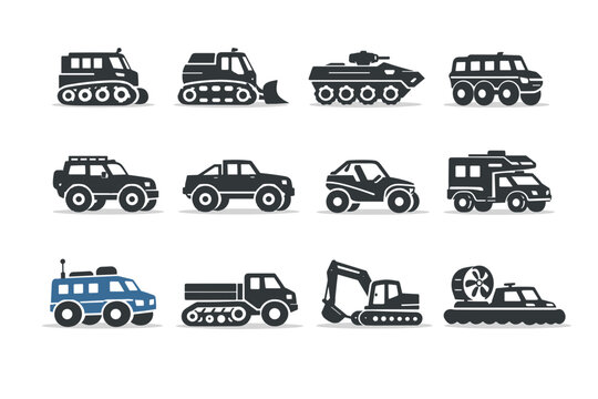 Set of Tracked and Off-Road Utility Vehicle Icons Featuring Specialized Transport Like Bulldozers, Excavators, Hovercrafts, Expedition Trucks, and Rugged All-Terrain Vehicles for Extreme Conditions