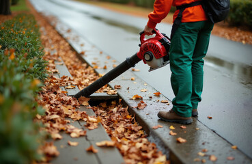 Fototapeta premium Man cleans autumn leaves with leaf blower near street drain. Person wears orange shirt green pants, uses power tool for outdoor upkeep. Seasonal yard work on wet paved road.