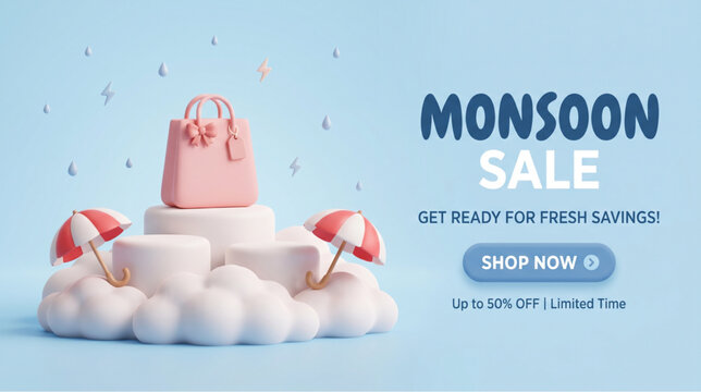 Monsoon sale banner with 3D pink shopping bag on podium and white clouds for seasonal product promotion and commercial retail marketing design
