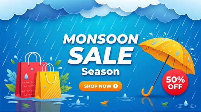 Monsoon sale season banner with yellow umbrella and shopping bags under rainy clouds for seasonal retail discount and commercial promotion design
