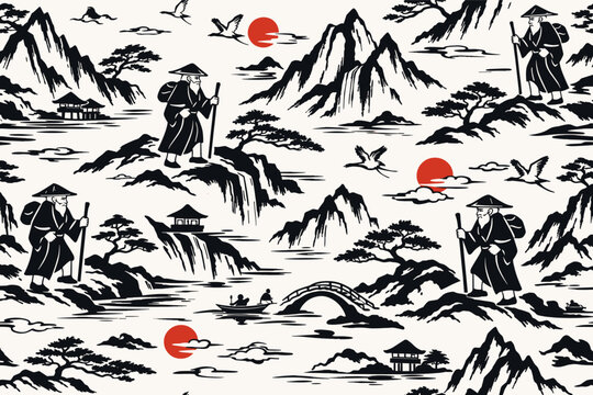 Traditional Japanese and Chinese Seamless Vector Pattern with Old Hermit Monks in Mountain Landscape, Sumi-e Ink Wash Style Illustration with Cranes, Pagodas, Red Sun, Pine Trees, and Zen Bridges.
