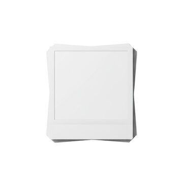 Vertical stack of ten blank polaroid style instant film photos with white borders and matte square centers on a transparent background, minimalist creative aura