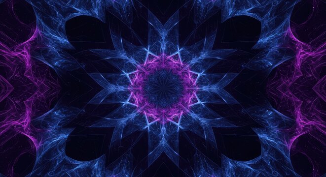 Endless complex digital geometry creating an abstract fractal structure. Deep blue and purple colors suggest vast space and eternal nature, purple, science, cosmic
