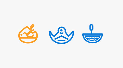 Fototapeta premium Three minimalist line art illustrations in a combination of orange and blue on a plain white background