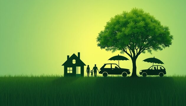Family home car and large tree silhouetted on green grass field under clear sky. Two cars are protected by umbrellas near the tree. Concept of insurance and security for assets and life.