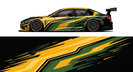 Stylized race car illustration with bold yellow and green streaks and dynamic motion. © Lailatul