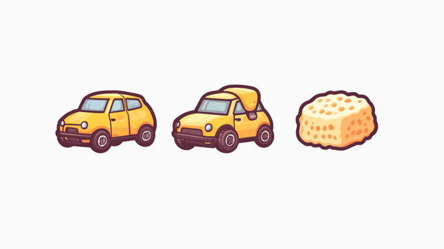 Pixelated illustration features two yellow cars and a sponge-like object. White background