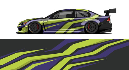 Obraz premium Side profile of a neon yellow racing car with bold lime-green and blue stripes and sleek aerodynamic body.