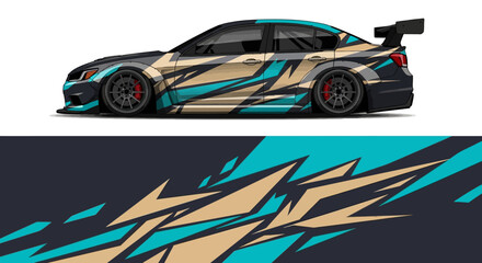Obraz premium Side view graphic of a race car with blue and beige geometric wrap pattern.