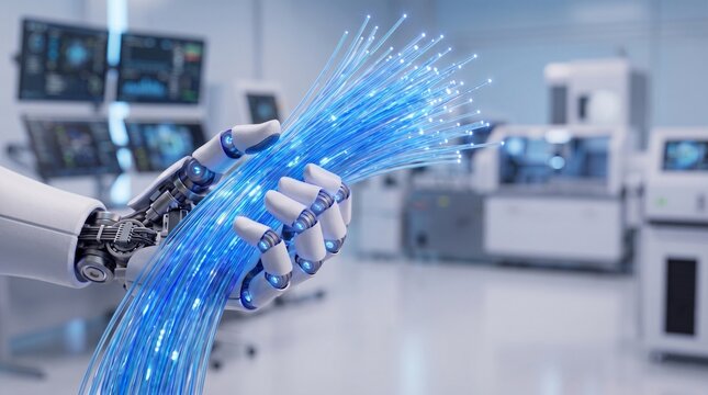 Mano bi&oacute;nica acariciando delicadamente filamentos de fibra &oacute;ptica luminiscente