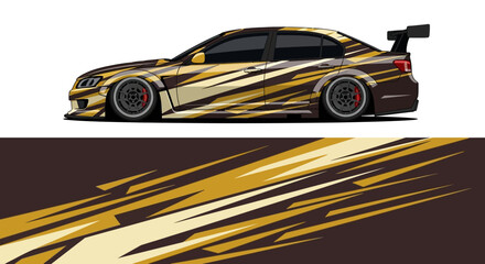 Side view of a bold gold-and-black race car with striped design. © Lailatul