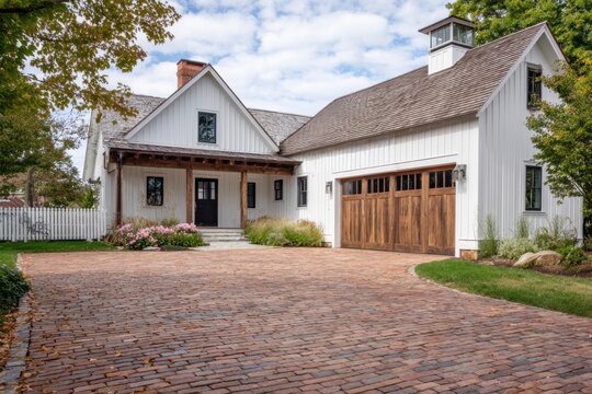 A contemporary white house features elegant wooden garage doors and is complemented by a brick driveway, all set beneath a bright blue sky adorned with fluffy clouds during the day
