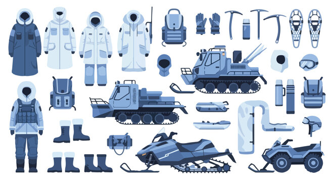 Collection of blue-toned winter gear and snowmobiles with various equipment on a white background in a flat lay composition.
