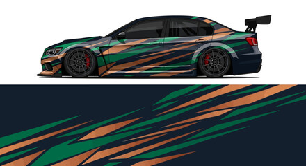 Sleek race car with bold orange and teal stripes shown in side profile with dynamic livery and chrome accents. © Lailatul