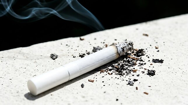Burning cigarette on white stone surface with rising smoke and scattered ash macro 