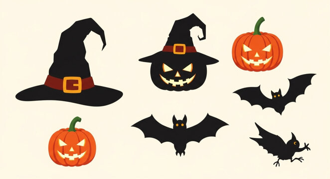 Halloween icons including hat and pumpkin.