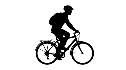 Obraz premium Vector silhouette of cyclist riding bicycle with helmet, backpack, basket and pannier, transportation landmark art