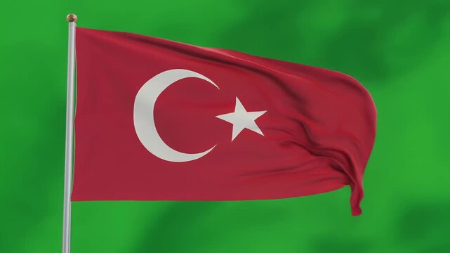 A realistic animation of a Turkish flag waving in the wind outdoors.