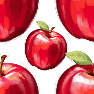 Seamless pattern - red apples and green leaves scattered layout, hand drawn illustration