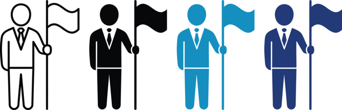Four variations of a man holding a flag icon set