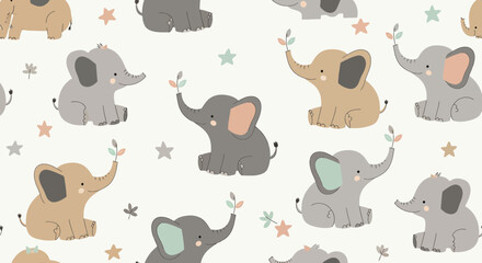 Fototapeta premium Cute Elephant Pattern, Baby Elephants with Stars and Leaves, Seamless Repeating Design