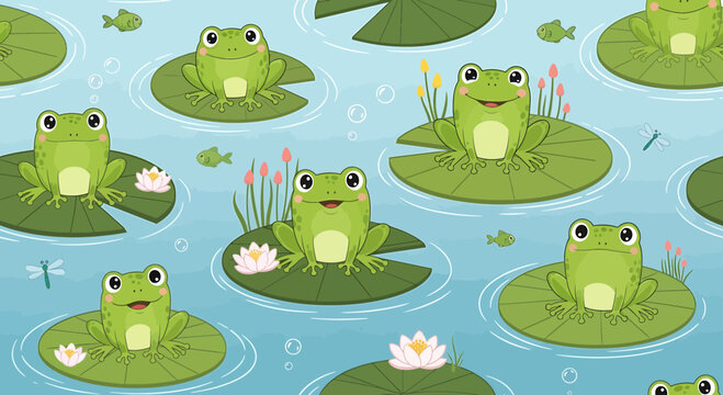 Cute Frogs on Lily Pads in a Pond, Seamless Pattern, Cartoon Style