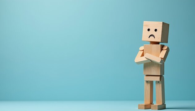 Wooden toy figure stands with arms crossed looking unhappy against light blue background. Simple minimalist style shows a grumpy character. Negative emotion conveyed by doll.