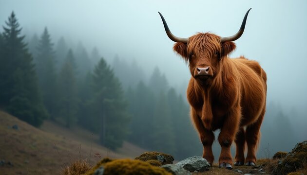 Shaggy highland cow stands on misty mountain slope with pine forest background. Brown cattle with big horns grazes on grassy hill in fog. Rural landscape with farm animal.