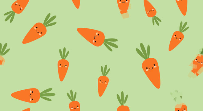 Cute Kawaii Carrots Pattern on Light Green Background, Funny Vegetable Illustration